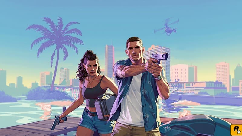 Art of a man and woman walking in Vice City, holding firearms. The text reads "Grand Theft Auto" and "VI". - Digital concept art for illustrative purpose, tags: gta 6 map 5’s - Monok